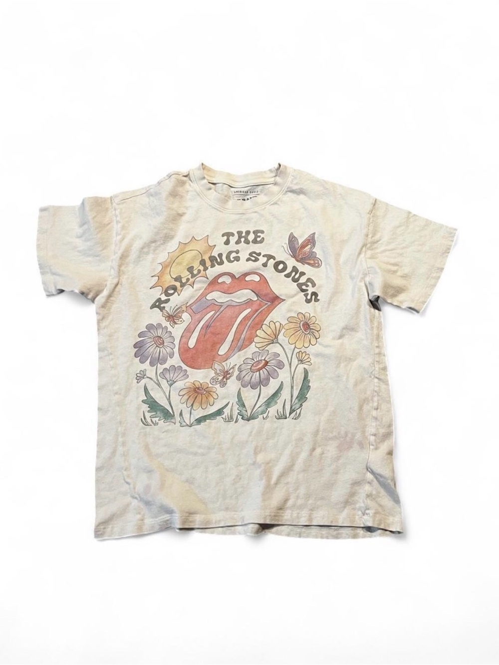 The Rolling Stones Women’s Graphic Tee - Cream with Floral Tongue Design